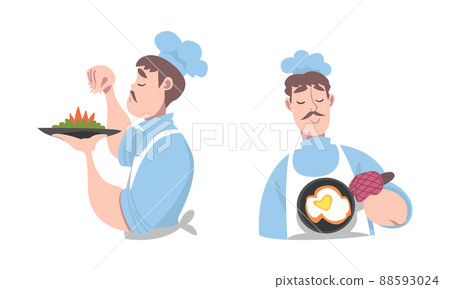Cook chef in uniform and cap cooking tasty dishes set cartoon vector illustration Cook chef in uniform and cap cooking tasty dishes set cartoon vector illustration 88593024