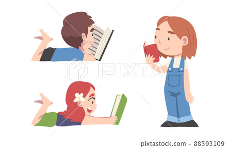 Set of cute little children reading books. Kids studying and learning cartoon vector illustration Set of cute little children reading books. Kids studying and learning cartoon vector illustration 88593109