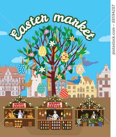 Easter Market poster, Holiday City Spring Fair. Easter Tree wooden stalls decorated flowers, colored Easter eggs, bunny, baking. Europe architecture background. Vector illustration 88594287