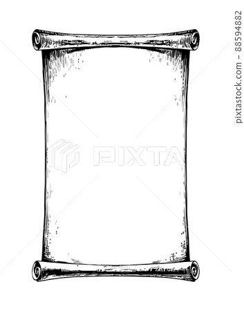 Vintage paper scroll, papyrus card with copyspace. Vector hand engraving illustration. Old frame for text isolated on white background, boho design. Vintage paper scroll, papyrus card with copyspace. Vector hand engraving illustration. Old frame for text isolated on white background, boho design. 88594882