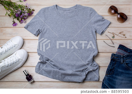 Womens gray T-shirt mockup with burdock flowers Womens gray T-shirt mockup with burdock flowers 88595503
