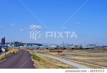 樹之城仙台早春 從廣瀨川右岸的堤道眺望上游大同渡槽和仙台市區 88595515