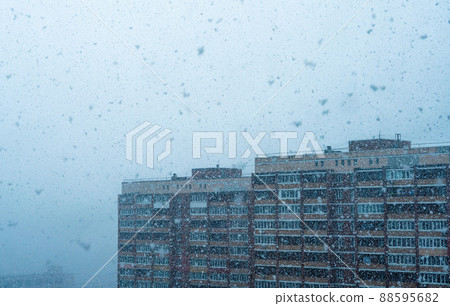 Close-up of a snowy frosty winter morning. Snowing 88595682