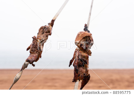 quail on skewers against the backdrop of the sea. Shashlik quail on skewers against the backdrop of the sea. Shashlik 88595775
