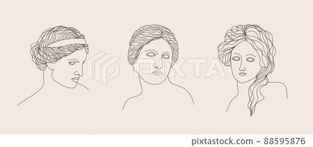 Ancient greek sculpture. Set of linear goddesses antique statues. Trendy vector illustration in one line drawing style. Hand drawn outline female silhouettes Ancient greek sculpture. Set of linear goddesses antique statues. Trendy vector illustration in one line drawing style. Hand drawn outline female silhouettes 88595876