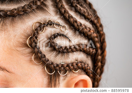 Close-up of braids on the head of a caucasian woman. Close-up of braids on the head of a caucasian woman. 88595978