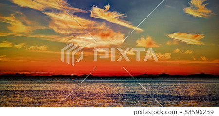 Sunset and sunrise over the sea and Lofoten archipelago from the Moskenes - Bodo ferry, Norway 88596239