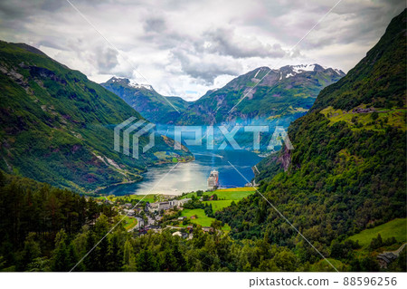 Aerial panorama view to Geiranger fjord and Trollstigen, Norway 88596256