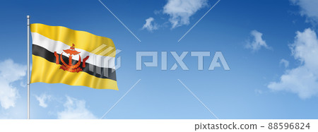 Bruneian flag isolated on a blue sky. Horizontal banner 88596824
