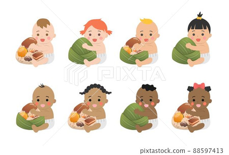 8個不同膚色的嬰兒與中國端午節傳統食物:粽子,竹葉包裹起來的糯米食物 8個不同膚色的嬰兒與中國端午節傳統食物:粽子,竹葉包裹起來的糯米食物 88597413