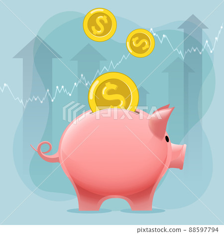 Golden dollar coins falling into a piggy bank - Stock Illustration ...