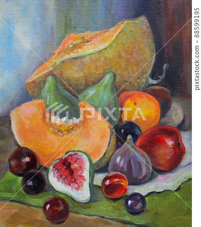 Peach, melon, figs and cherries still life oil painting 88599195