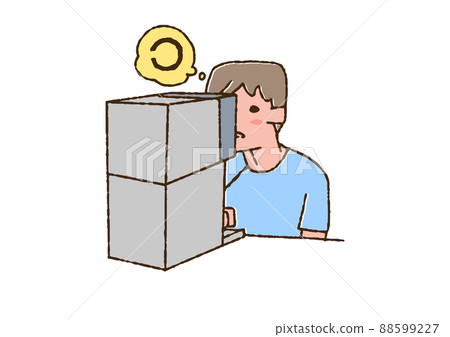 一個用視力計接受視力測試的人,一個滑稽的手寫人,一個矢量,線條圖上的顏色 一個用視力計接受視力測試的人,一個滑稽的手寫人,一個矢量,線條圖上的顏色 88599227