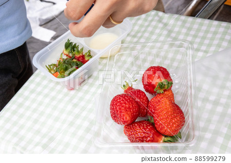 草莓採摘草莓和煉乳 88599279