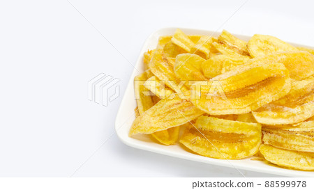 Banana slice chips on white background Banana slice chips on white background 88599978