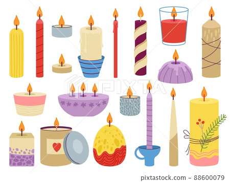 Candles set. Craft candle with details, romantic relaxation and party elements. Isolated wax with fire, aromatherapy warm light. Decoration home spa decent vector kit 88600079
