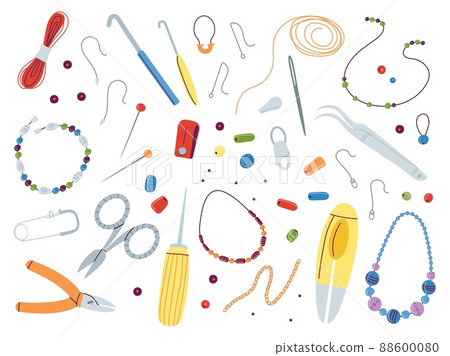 Jewelry making tools. Beads mix and art hand work, handicrafts or workshop accessories. Make rings, earrings or necklace, craft bracelet decent vector elements Jewelry making tools. Beads mix and art hand work, handicrafts or workshop accessories. Make rings, earrings or necklace, craft bracelet decent vector elements 88600080