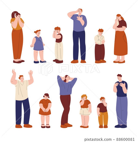 Emotional kids and adults. Family crying, depressed people cry and grief. Anguish characters, woman in depression sobbing. Unhappy kicky vector humans 88600081