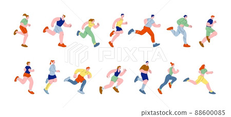 Runner characters. Teen moving, running cartoon athletes. Activities and rush, young flat sportsman run. Jogging man woman in sportswear kicky vector set 88600085