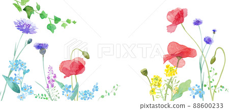 A watercolor illustration of a spring field where various flowers are in full bloom. Frame decoration. 88600233