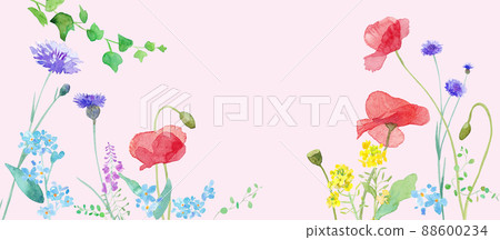 A watercolor illustration of a spring field where various flowers are in full bloom. Frame decoration. 88600234