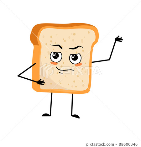 Cute bread character with emotions of hero, brave face, arms and leg. Baking person, homemade pastry with courage expression. Vector flat illustration 88600346