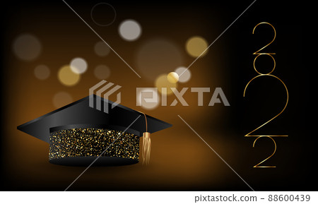 Congratulations graduation. Class of 2022. Graduation cap and confetti and balloons. Congratulatory banner. Academy of Education School of Learning. Congratulations graduation. Class of 2022. Graduation cap and confetti and balloons. Congratulatory banner. Academy of Education School of Learning. 88600439