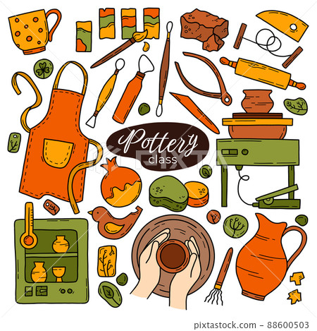 Pottery class and ceramics workshop vector set of doodle icons Pottery class and ceramics workshop vector set of doodle icons 88600503