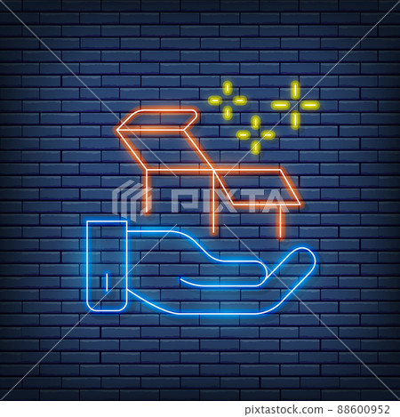 Vector hand with box, delivery, gift neon sign. Vector illustration in neon style. 88600952