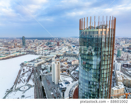Yekaterinburg skyscraper aerial panoramic view at Winter in cloudy day. Ekaterinburg is the fourth largest city in Russia located in the Eurasian continent on the border of Europe and Asia. 88601002