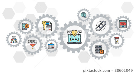 SEO colored icons vector banner. Bookmark, Hosting, Hyperlink, Advertisement, Data Transfer web header banner illustration. 88601049