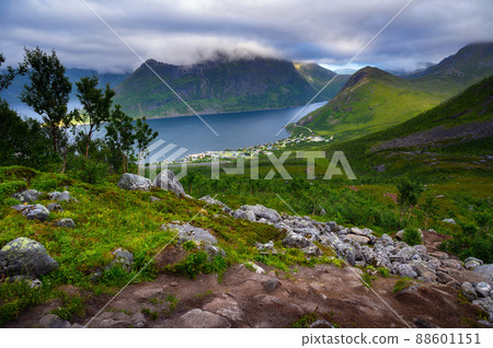 Fjordgard village from Hesten trail to Segla mountain on Senja island, Norway Fjordgard village from Hesten trail to Segla mountain on Senja island, Norway 88601151