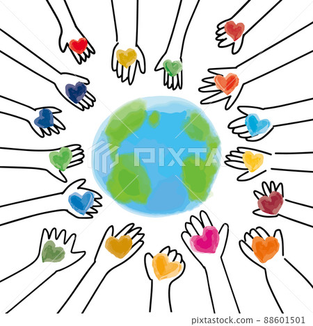 Cute illustrations of hearts, hands and the earth in the SDGs image (Southern Hemisphere) 88601501