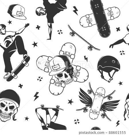 Skateboarding pattern. Sport extreme symbols exact vector seamless background with skateboard riders Skateboarding pattern. Sport extreme symbols exact vector seamless background with skateboard riders 88601555