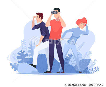 Looking into future. Business characters with good emotions exact vector cartoon background Looking into future. Business characters with good emotions exact vector cartoon background 88601557