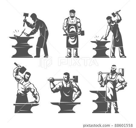 Blacksmith labels. Workshop emblems templates with strong heavy worker on blacksmith exact vector steel armor and weapons pictures 88601558