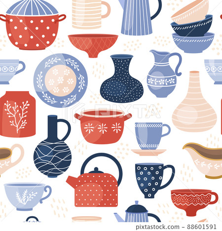 Kitchen pattern. Decorative textile design pictures with cookware tools vase jug fork spoons dishes recent vector seamless background 88601591