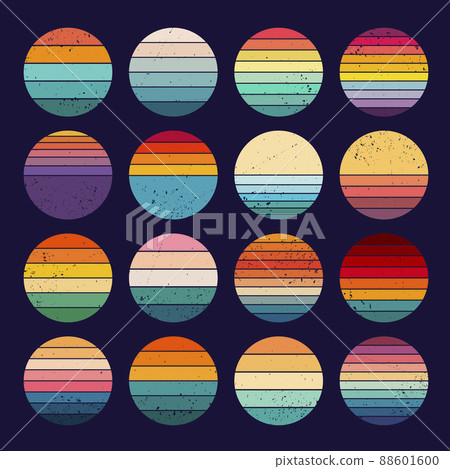 Sunset retro logo. California banners 1980 templates circle colored vintage pictures for badges recent vector ilustrations set Sunset retro logo. California banners 1980 templates circle colored vintage pictures for badges recent vector ilustrations set 88601600
