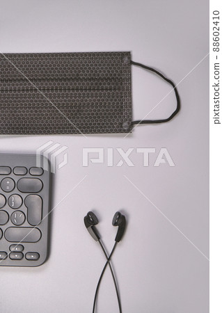 Podcast concept. Black microphone recorder, content notebook keypad Podcast concept. Black microphone recorder, content notebook keypad 88602410