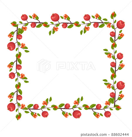 Square frame of pomegranate flowers and fruits. wreath with spring blooming composition with plants and leaves. Festive decoration for wedding, holiday, postcard and design. Vector flat illustration Square frame of pomegranate flowers and fruits. wreath with spring blooming composition with plants and leaves. Festive decoration for wedding, holiday, postcard and design. Vector flat illustration 88602444