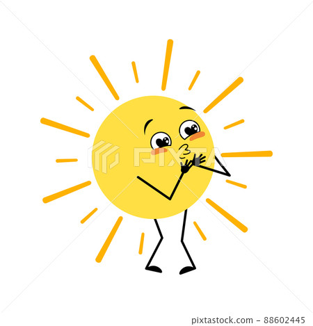 Cute sun character with love emotions, happy face, smile, arms and legs. Person with happy expression and pose. Vector flat illustration Cute sun character with love emotions, happy face, smile, arms and legs. Person with happy expression and pose. Vector flat illustration 88602445