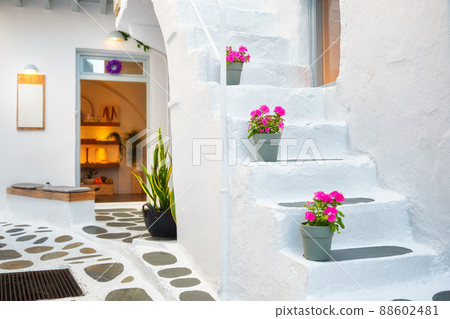 Greece. Design in detail on the streets of Mykonos. Narrow streets and traditional architecture. 88602481