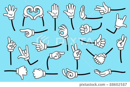 Cartoon gloves hands. Comics arms, hand mascot in white glove. Isolated arm and fingers gestures variations, handshake, ok sign, garish vector set 88602587