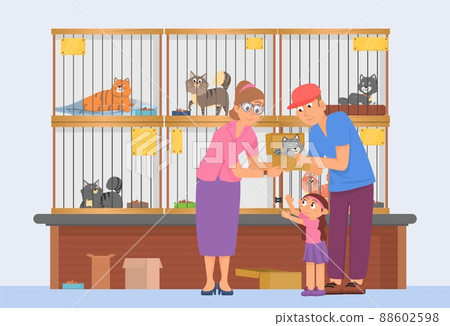 Animal shelter concept. Cats in cages and father with daughter choose one. Pets adoption center, woman volunteer hold box with kitten, decent vector scene 88602598