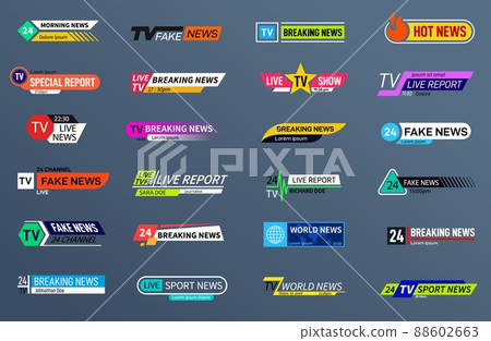 Breaking news bars. Videos text headers, broadcast design strip. Tv show, sport competition stream or channel name sign, exact vector collection Breaking news bars. Videos text headers, broadcast design strip. Tv show, sport competition stream or channel name sign, exact vector collection 88602663