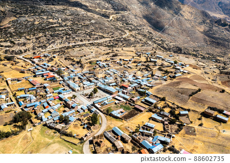 Aerial view of Antacocha village in the Andes of Peru 88602735