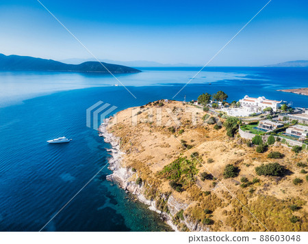 Beautiful nature landscape of greece island with luxury boat mediterranean sea, water travel, summer holliday vacation trip, mountains on background 88603048