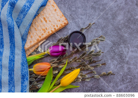 Traditional Pesach celebration Jewish holiday of kosher wine and matzah bread for the ceremony ritual blessings Traditional Pesach celebration Jewish holiday of kosher wine and matzah bread for the ceremony ritual blessings 88603096