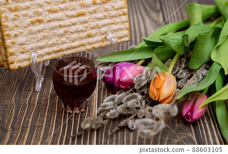 Passover celebration Jewish traditional holiday of kosher wine and matzah bread on Pesach Passover celebration Jewish traditional holiday of kosher wine and matzah bread on Pesach 88603105