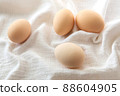 Chicken eggs on white background, selective focus. Happy easter background. 88604905
